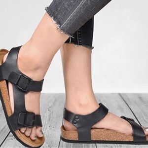 7 Aerothotics Women’s Black Cork Sole Buckle Sandals. NWT